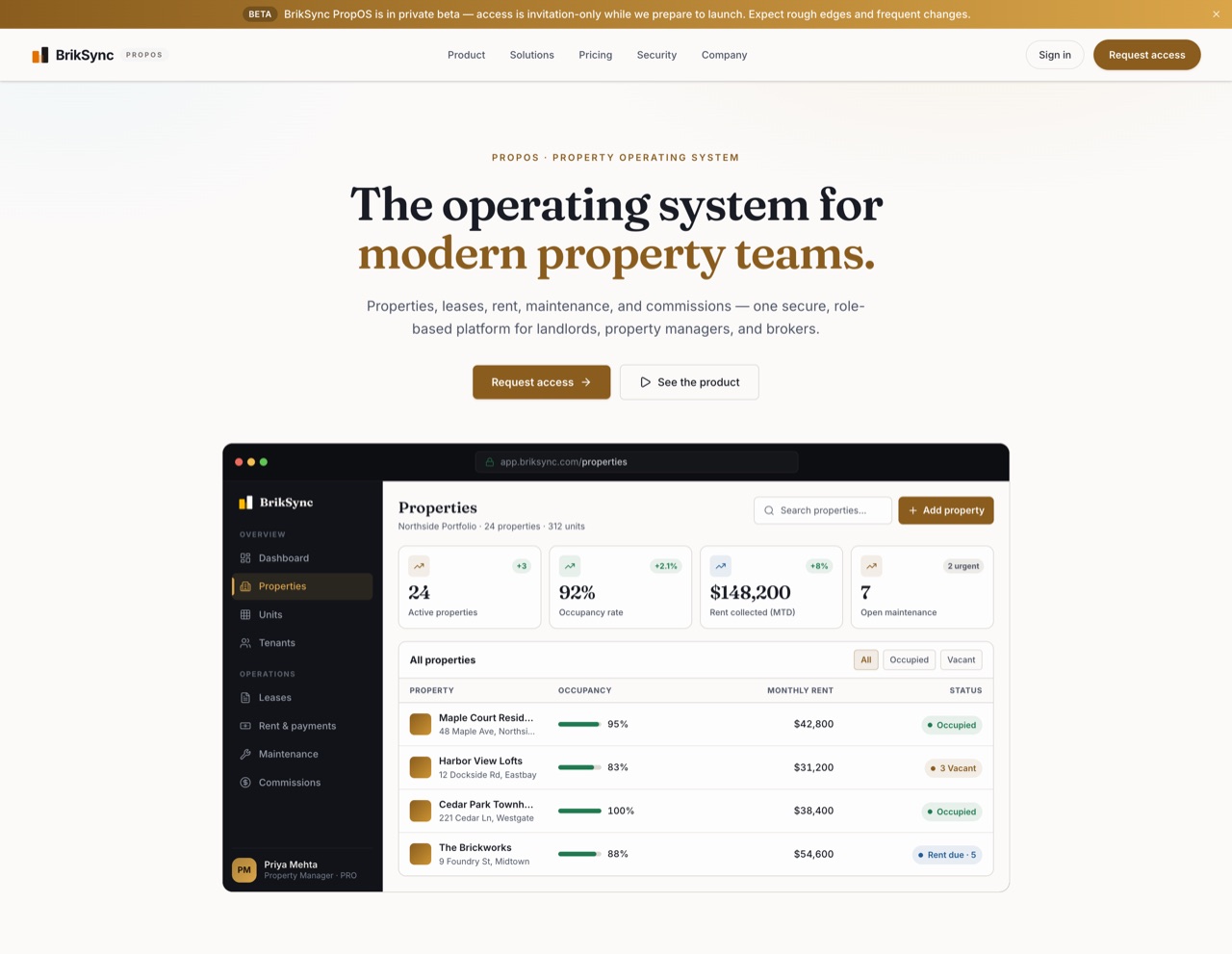 Briksync PropOS landing page with "The operating system for modern property teams" hero and a dashboard preview