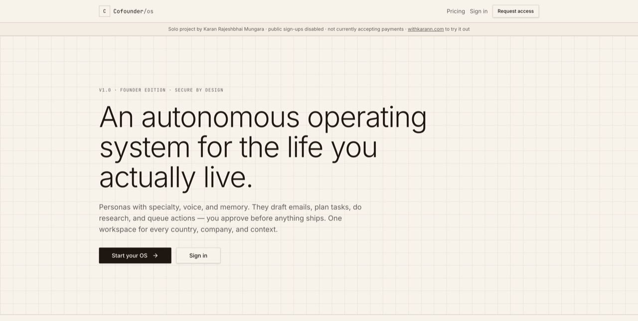 Co-Founder OS landing page with "An autonomous operating system for the life you actually live" hero